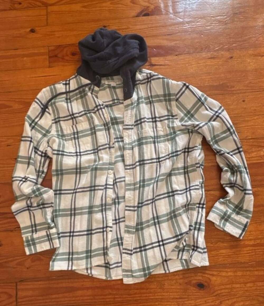 Aeropostale Hooded Plaid Flannel Shirt Women’s L Green Navy 100% Cotton Fall